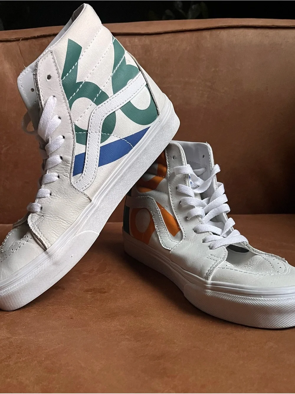 Vans Sk8-Hi Deck Club 66 White Leather High Top Skate Sneakers w/ Bold Graphics